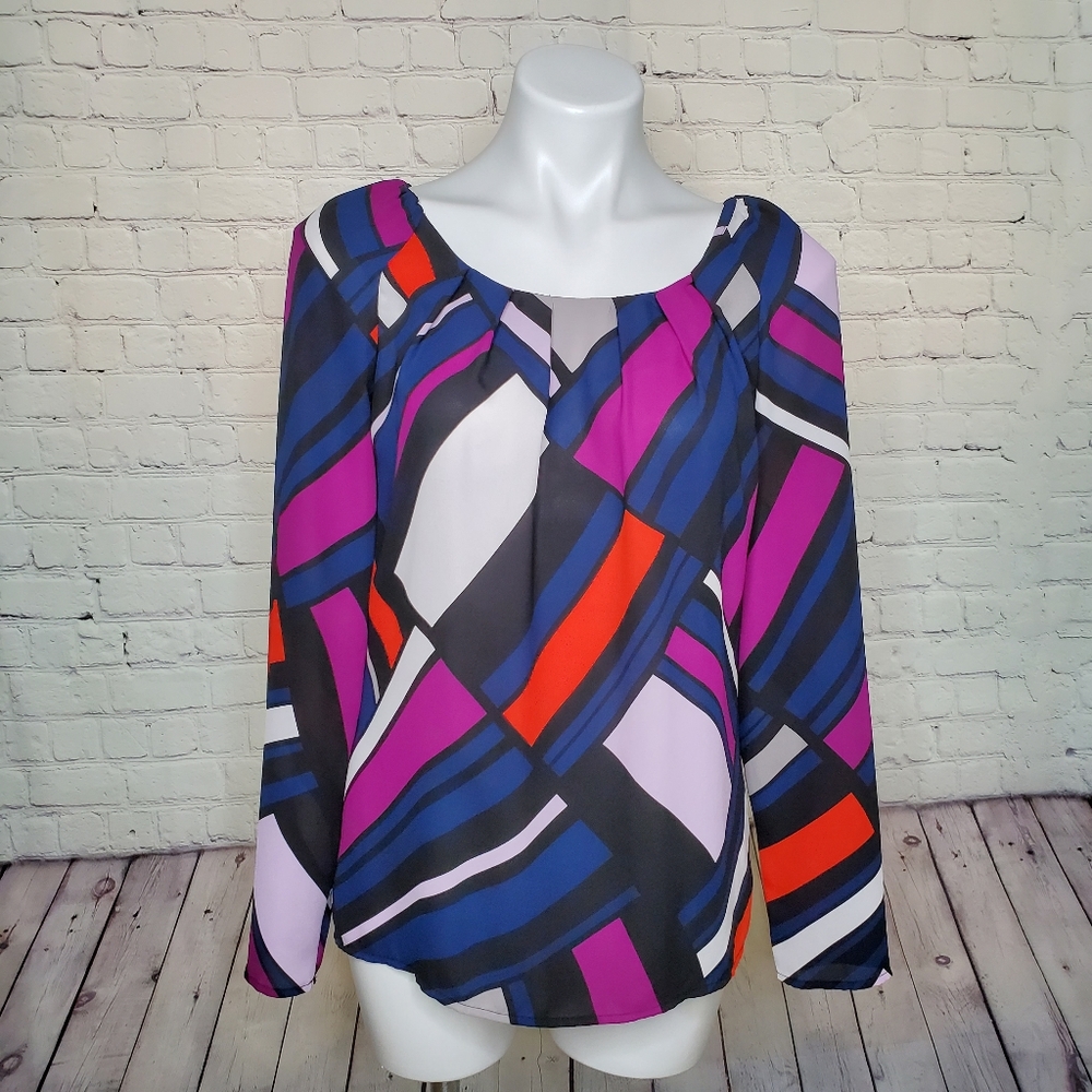 Worthington Geometric Design Lace Up Multicolored Shirt Size S